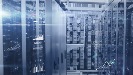 animación del procesamiento de datos y cuadros de mosaico contra la sala de servidores de computadoras