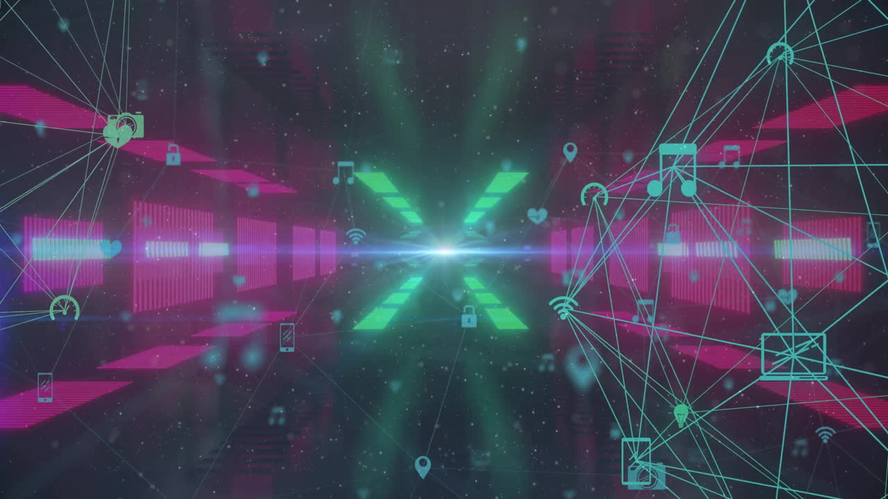 검은색 배경에 네온 모양 위에 아이콘으로 연결된 네트워크의 애니메이션