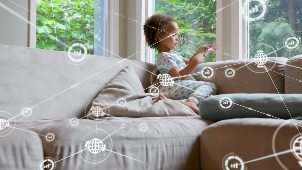 Animation of network of connections with icons over african american girl using smartphone