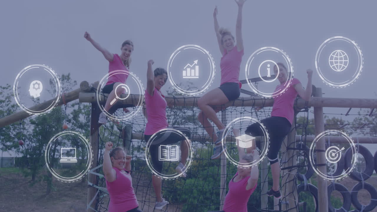 Climbing obstacle course, women in pink shirts with animation of digital icons