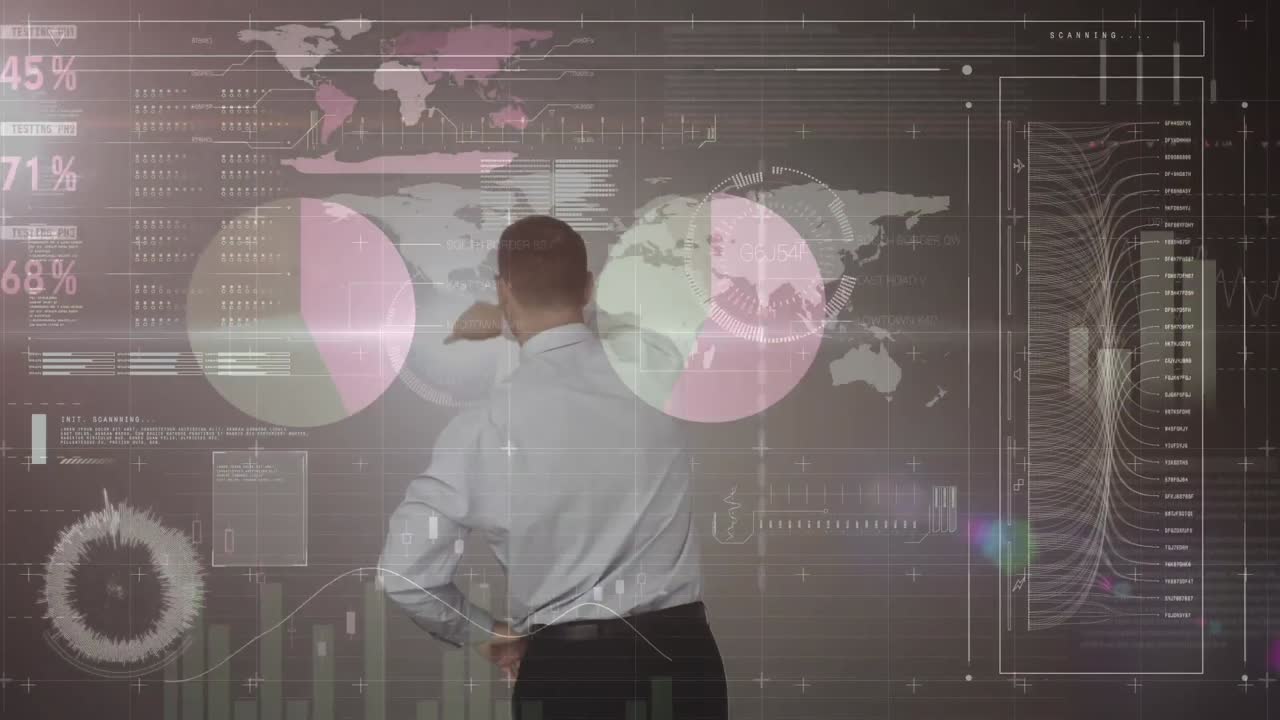 animación de un hombre de negocios utilizando la interfaz de pantalla táctil y el procesamiento de datos