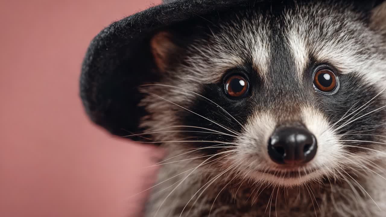 A Charming Raccoon with an Adorable Hat Captured in Stunning Close-Up Shots, Showcasing Its Playful Expression and Unique Character Traits Against a Soft Background