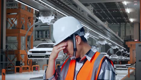 close up side view of asian male engineer with safety helmet having a headache while working in ev car factory