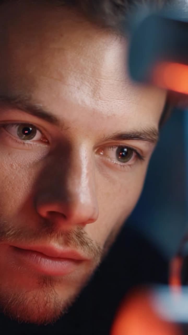 Intense Focus and Precision: Close-Up of a Young Man Examining an Object with Engaged Expression and Illuminated Background in a Dimly Lit Environment
