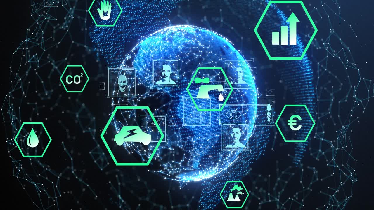 Animation of network of connections with eco icons over globe