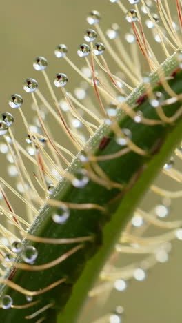 close-up of a sundew plant with shimmering dew droplets