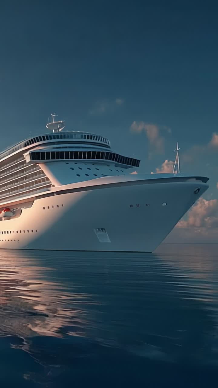Majestætisk krydstogtskib glider let hen over roligt vand ved solopgang og viser sit elegante design og rolige spejlinger midt i et fredfyldt oceanisk landskab