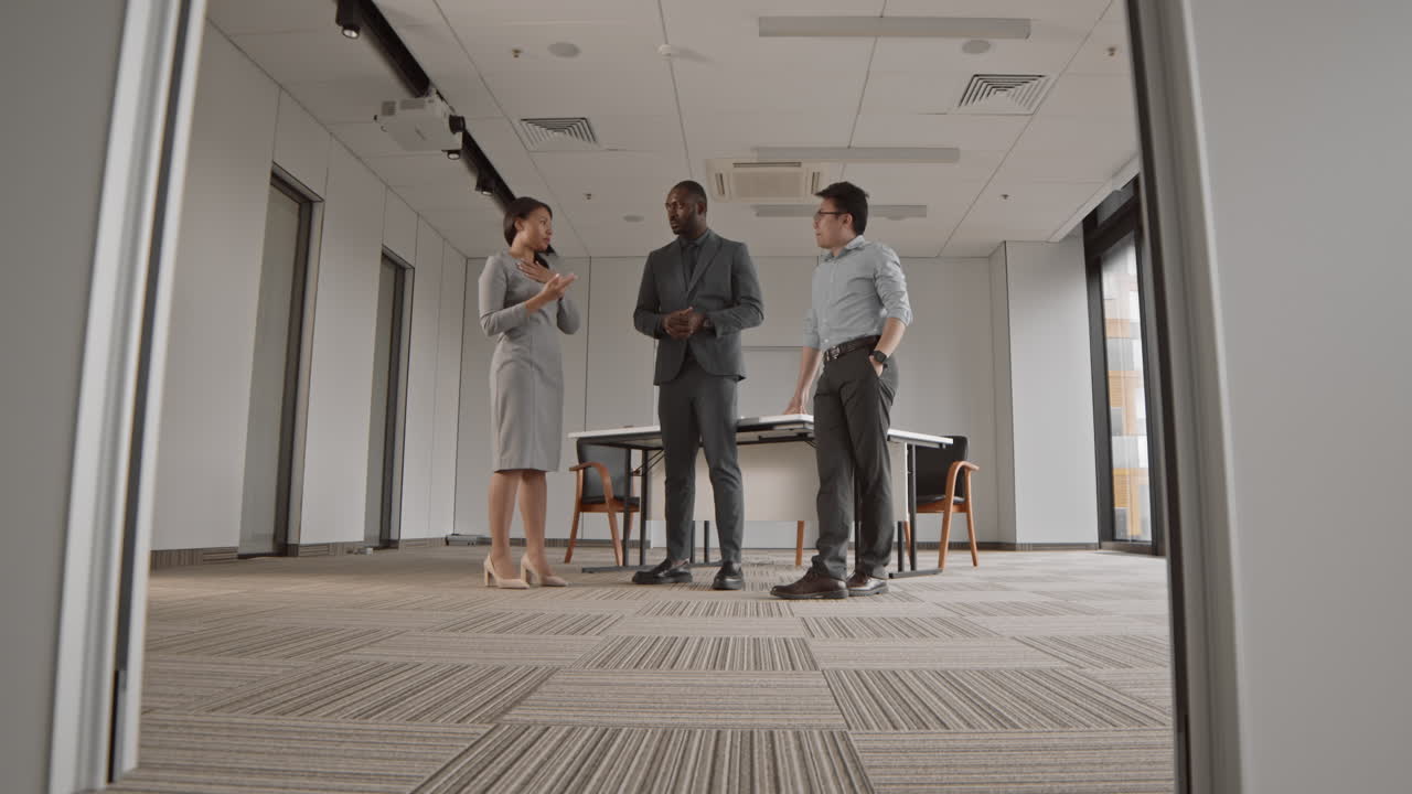 Three Diverse Businesspeople Having Chat in Office