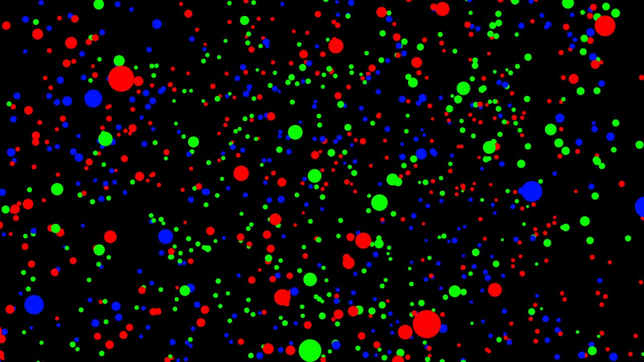 Red, green and blue dots is moving on black background