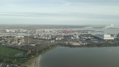 Aerial-View-Dublin-Port-And-Poolberg-Power-Station---Covanta-Plant-From-Sandymount-Strand-In-Ireland