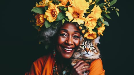 smiling senior woman with flower crown and cat