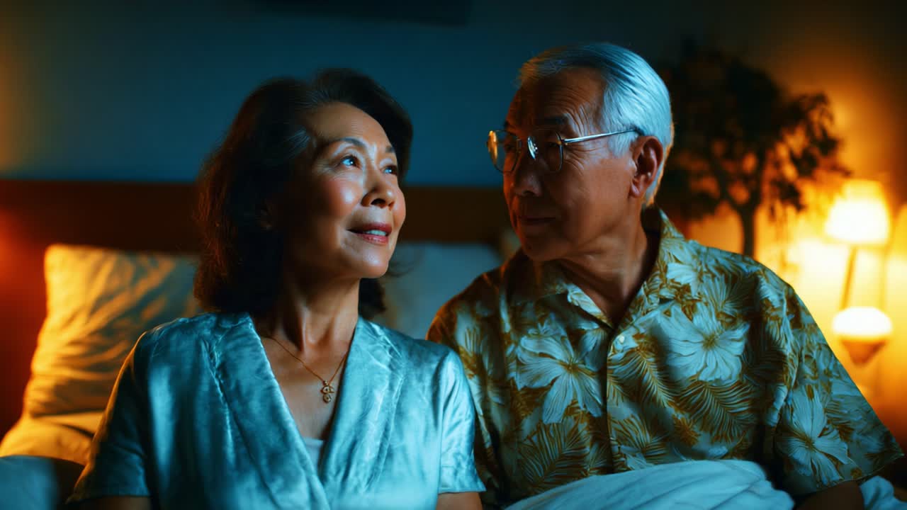 A Heartfelt Evening: Two Seniors Sharing a Special Moment in a Cozy Bedroom, Illuminated by Soft, Warm Lighting, Captures Their Connection and Depth of Emotion as They Reflect on Life Together