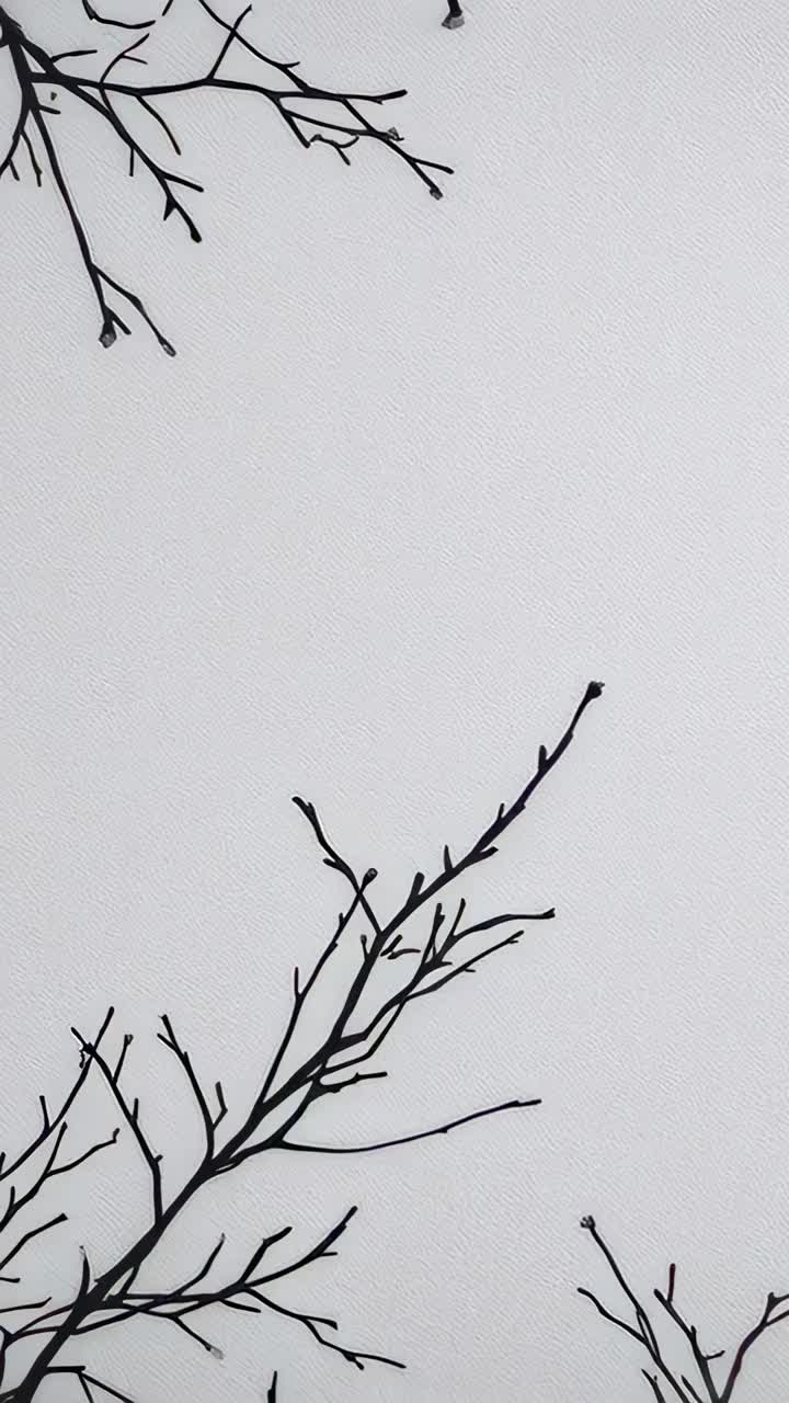 Vertical video: Recording camera capturing black branch decal in bedroom while shaking, copy space