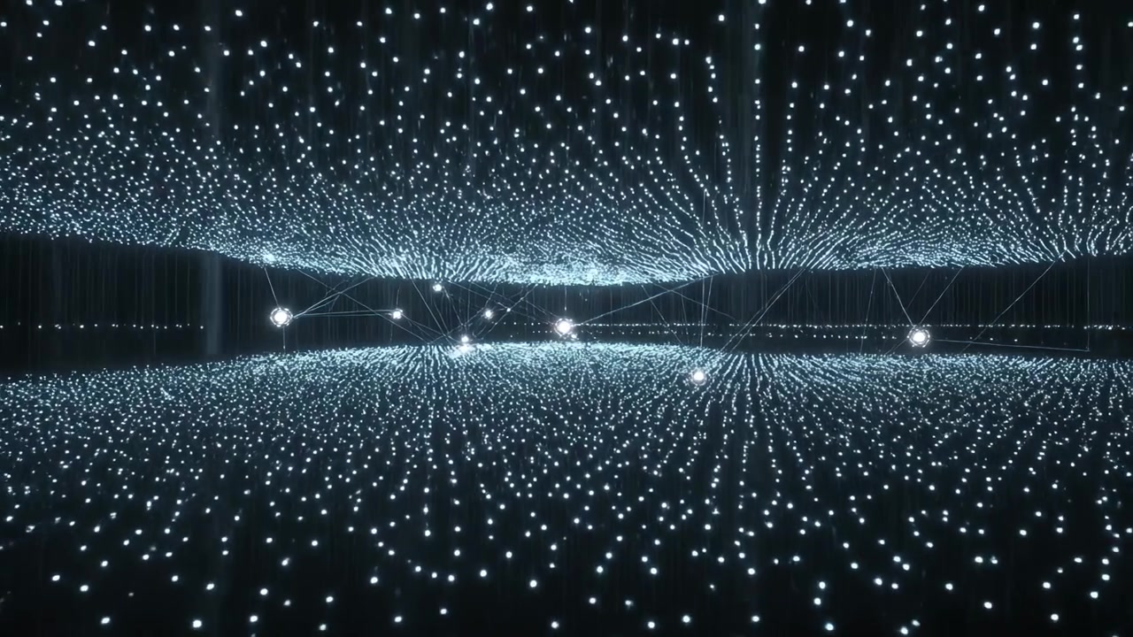 Animating LED field above mirrored floor in dark gallery, program pulsing nodes, creating depth