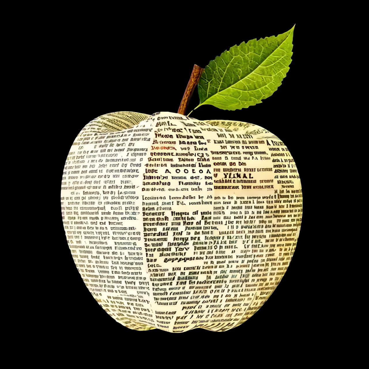 Newspaper-textured apple art animation isolated asset, transparent 4K video, alpha channel, ProRes