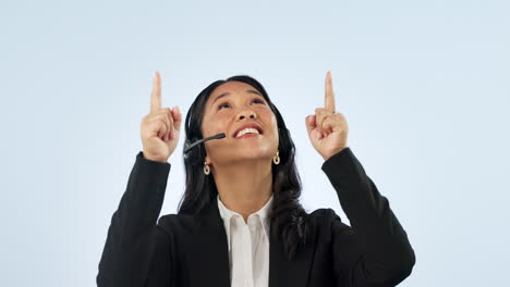 face, pointing up and woman with telemarketing
