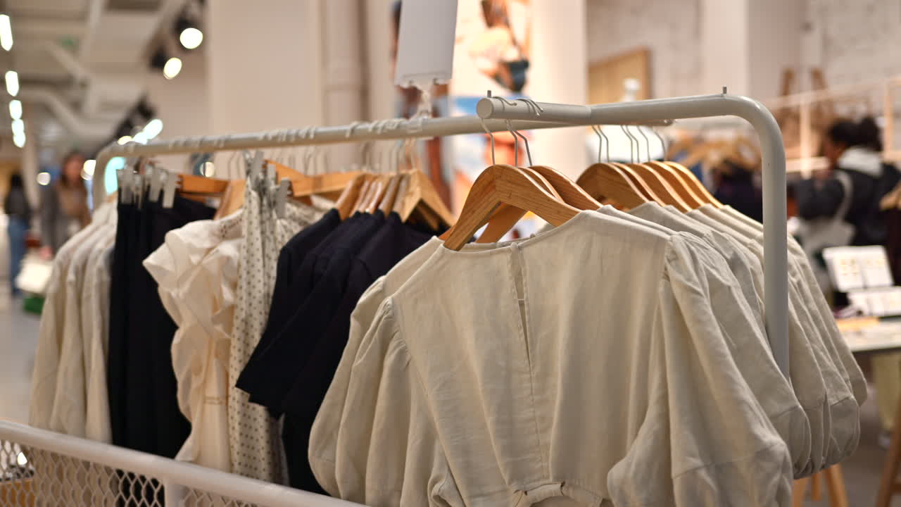 Black and white clothes standing on the rack in a store