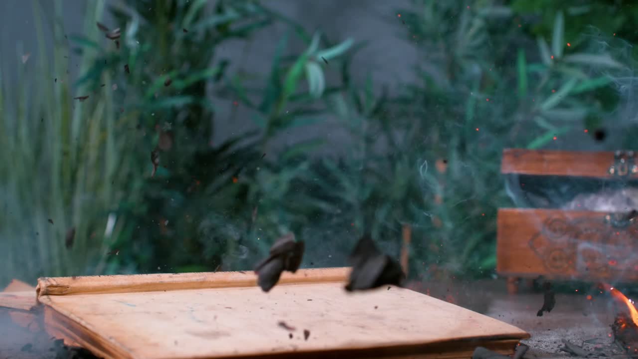 The book is engulfed in flames, descending onto a flattened surface, portraying the concept of devastation and ruin