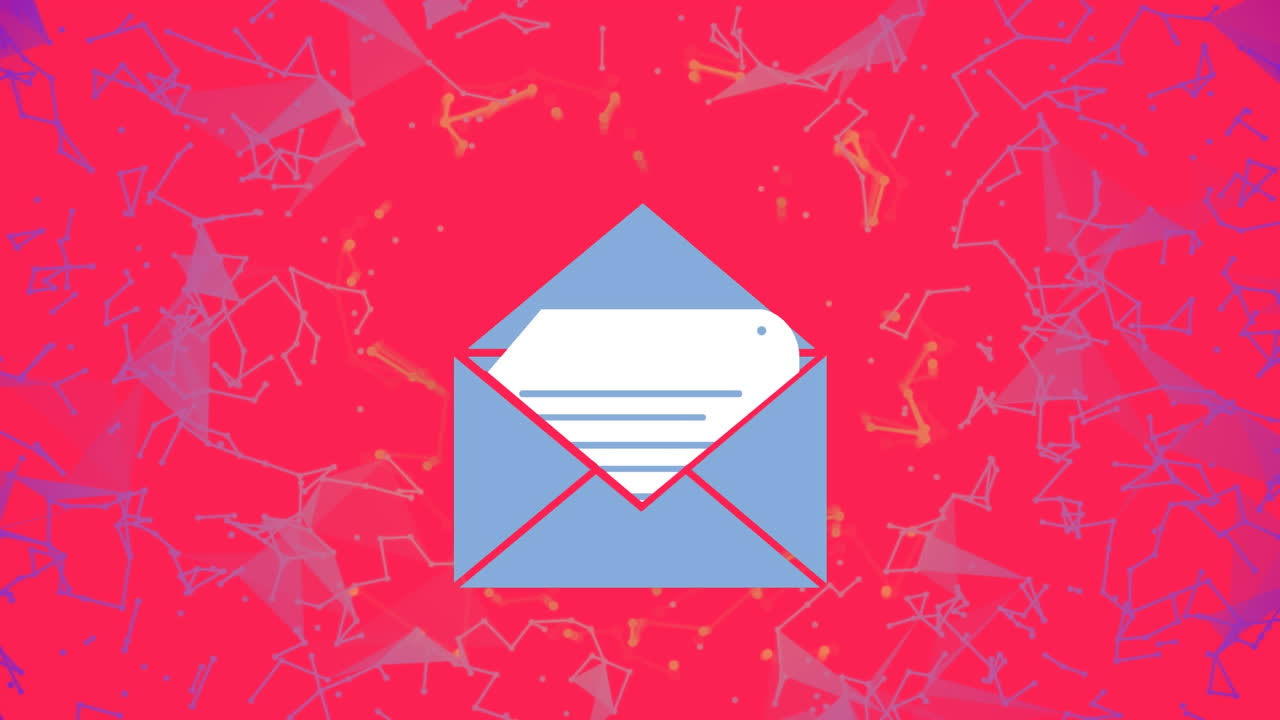 animación del icono del sobre de correo electrónico y la red de conexiones en fondo rojo