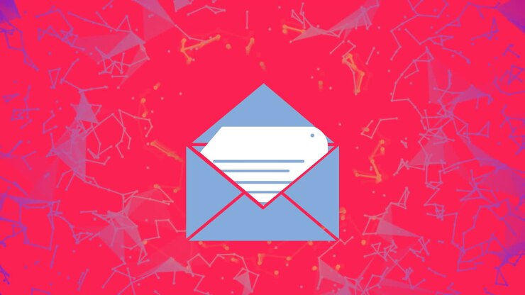 Animation of email envelope icon and network of connections on red background