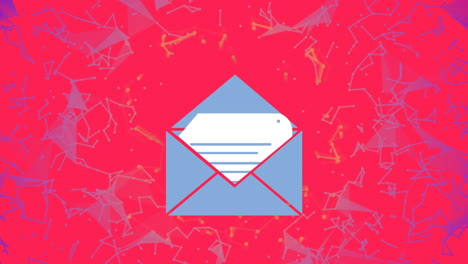 animation des e-mail-umschlag-symbols und des verbindungsnetzwerks auf rotem hintergrund