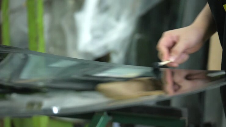 Processo di preparazione del parabrezza per la sostituzione in un'officina automobilistica.