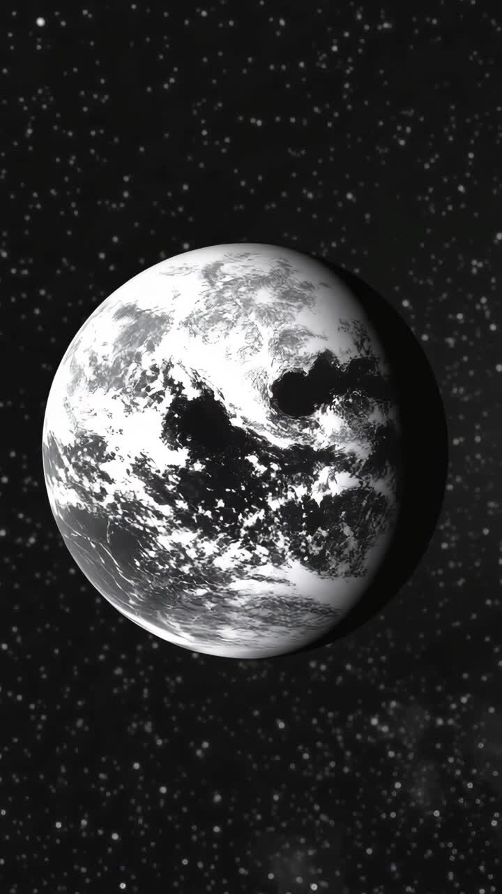 Uma visão distante de cima da Terra cercada por estrelas no espaço. O vídeo captura um ambiente cósmico e sereno.