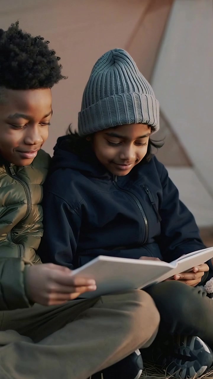 Vertical video: Reading two kids turning pages in tent, right kid holding book to read in coats