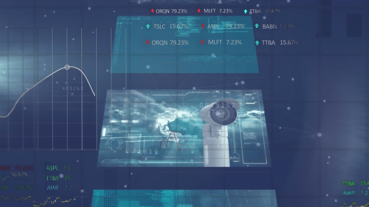 animación del procesamiento de datos estadísticos y bursátiles frente a pantallas con tratamiento de datos