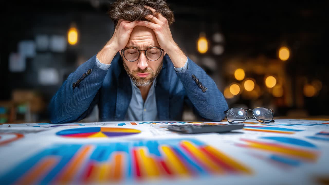A Frustrated Businessman Reflects on Data Insights, Overwhelmed by Charts and Graphs While Engaging in Critical Analysis and Problem Solving in a Dimly Lit Office Environment