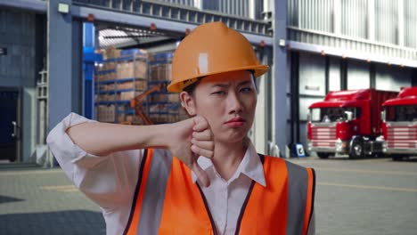 close up of asian female engineer with safety helmet showing thumbs down gesture and shaking her head, outside of logistics distributions warehouse