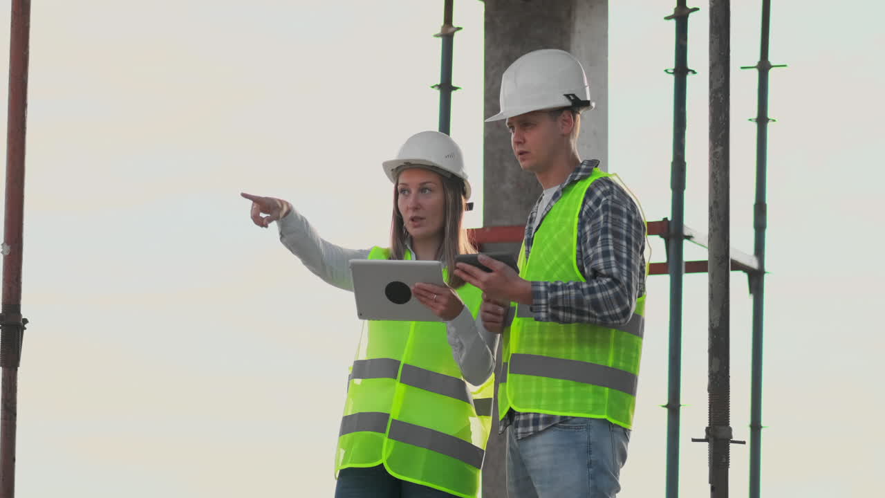 dos ingenieros un hombre y una mujer con cascos blancos con una tableta en el sitio de construcción condenan el plan de construcción del edificio