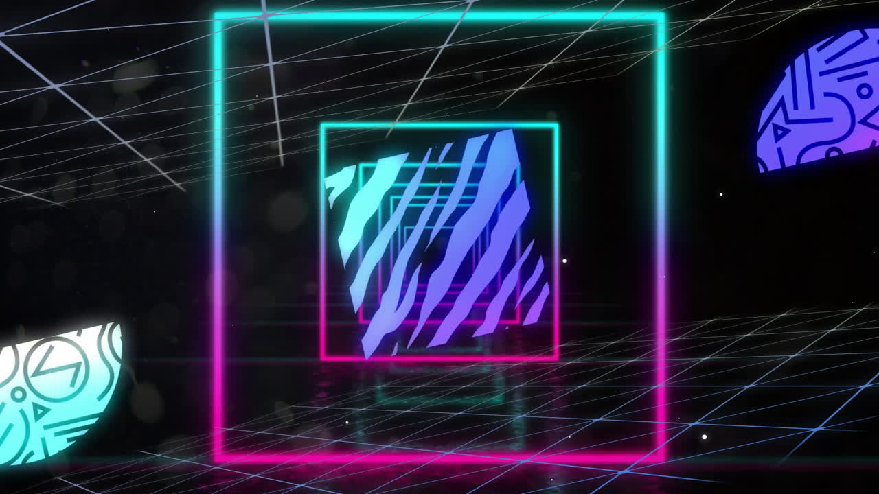 Animation of neon pattern and grid on dark background