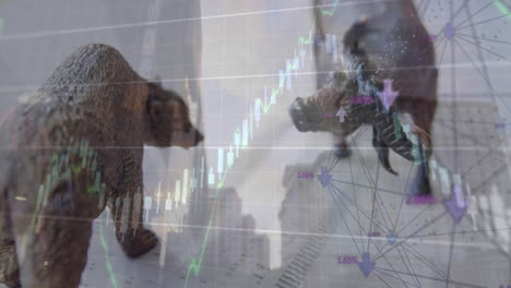 animación del procesamiento de datos financieros sobre oso y toro y ciudad