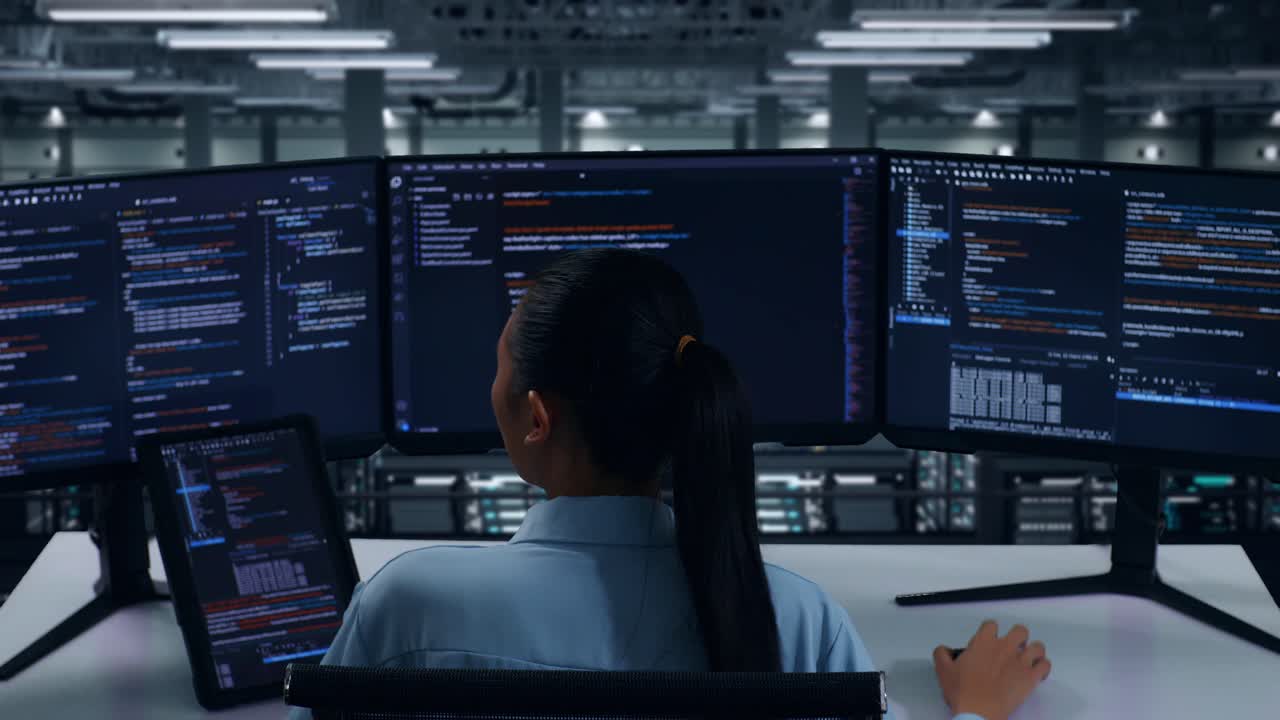 vista trasera de una desarrolladora asiática trabajando con una tableta mientras escribe código con múltiples pantallas de computadora en un centro de datos