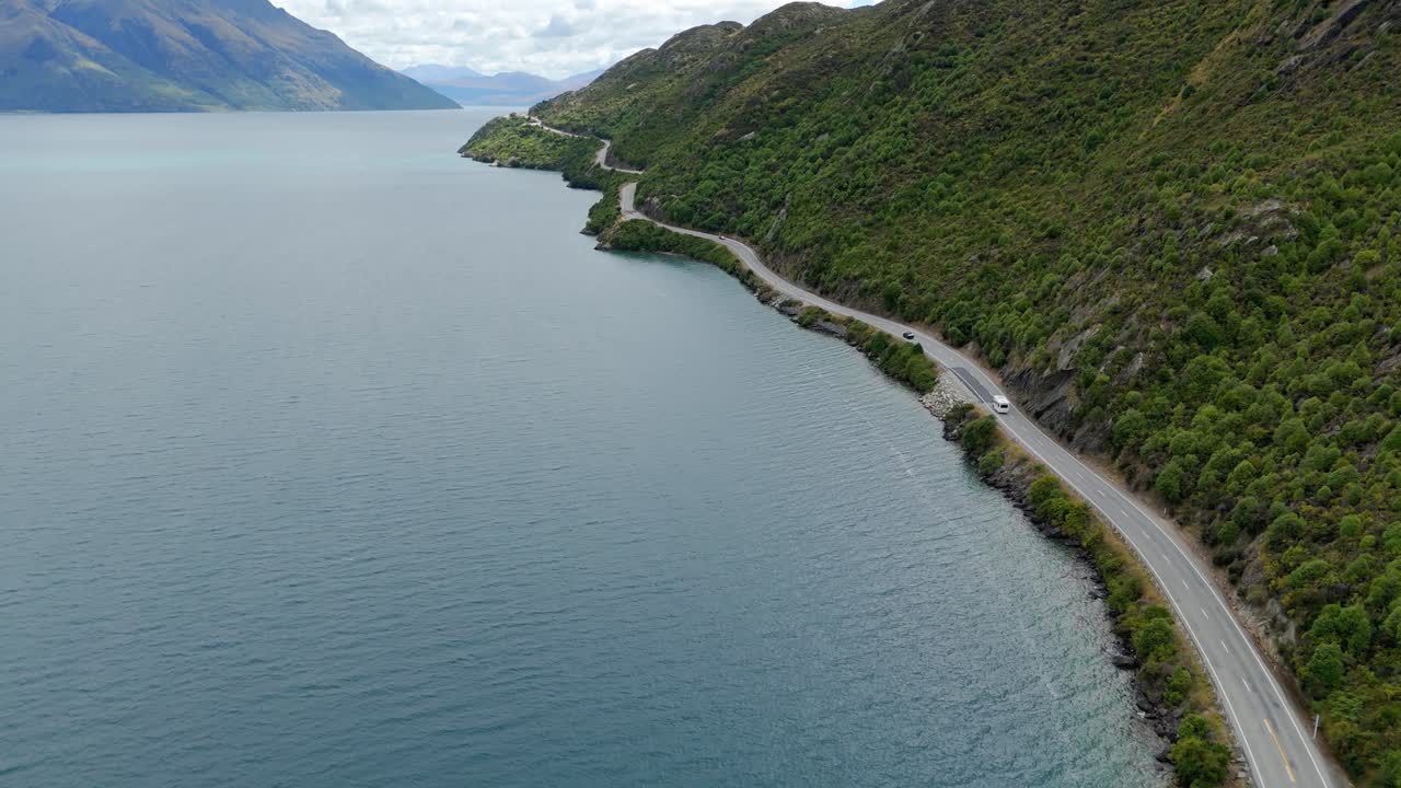 Aerial view of State Highway 6 as it winds along the coast of Lake Wakatipu