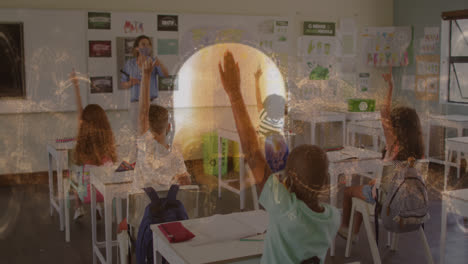 animation of revolving human skull with teacher and children in classroom wearing face masks