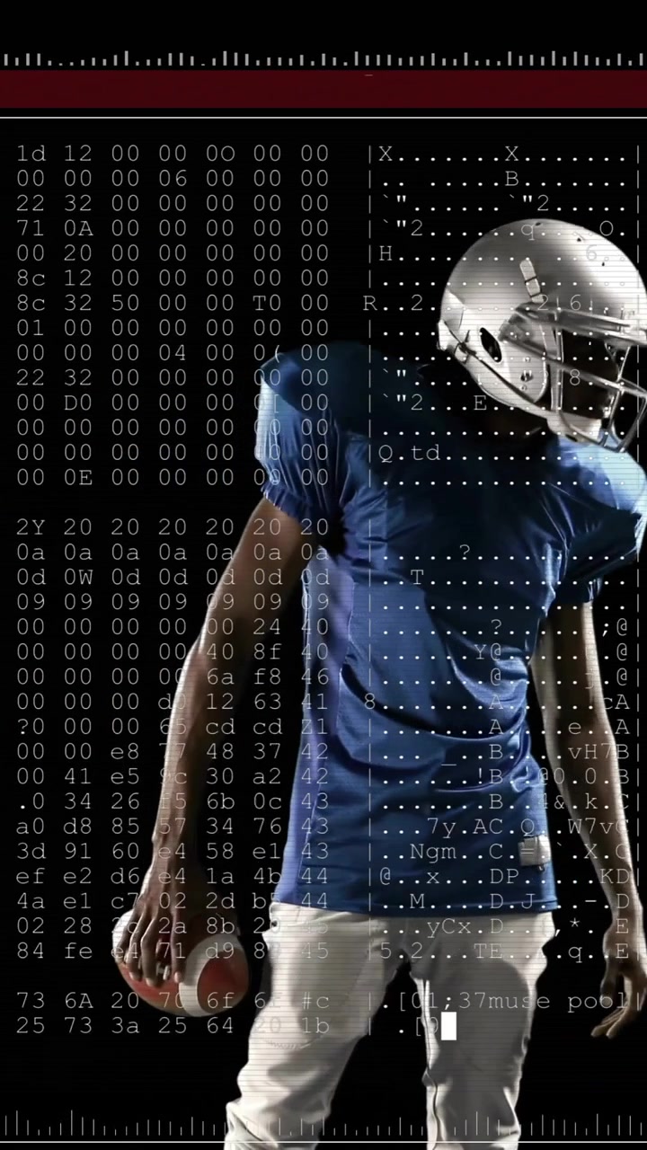 American football player standing over digital code and data processing animation