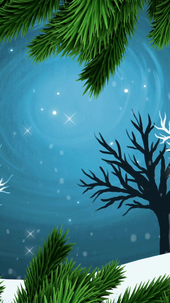 Christmas decorations with tree and snowflakes animation over winter landscape