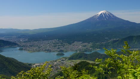 mt. fuji and lake kawaguchi seen from the fresh green shindo pass