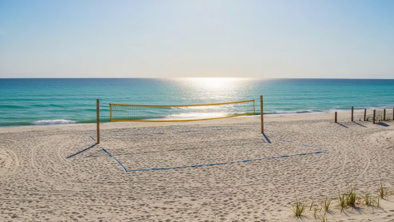 Serene Beach Volleyball Court at Sunset: Enjoying Sports with a Breathtaking View of the Ocean's Calm Waters and Beautiful Sandy Shoreline