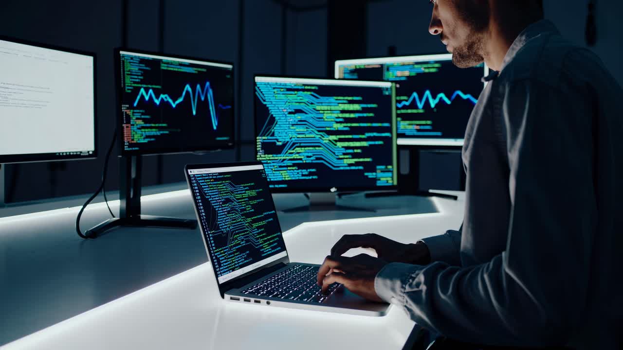 A man coding on a laptop in a dimly lit room, surrounded by multiple monitors displaying data