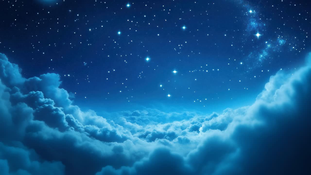A dreamy, celestial video scene of a starry night sky above fluffy clouds, captured from a low