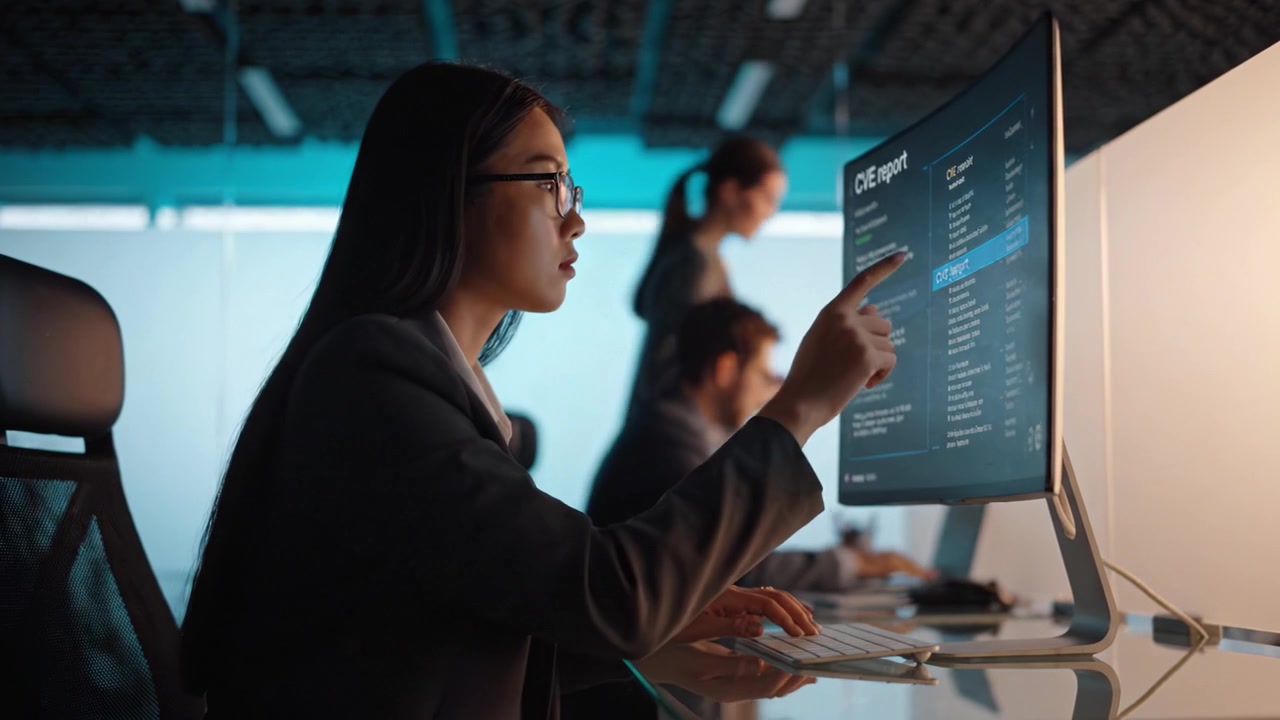 Focused Professional Engaged in Work at Modern Desk with Computer Displaying Data, Highlighting Concentration and Collaboration in a Contemporary Office Environment
