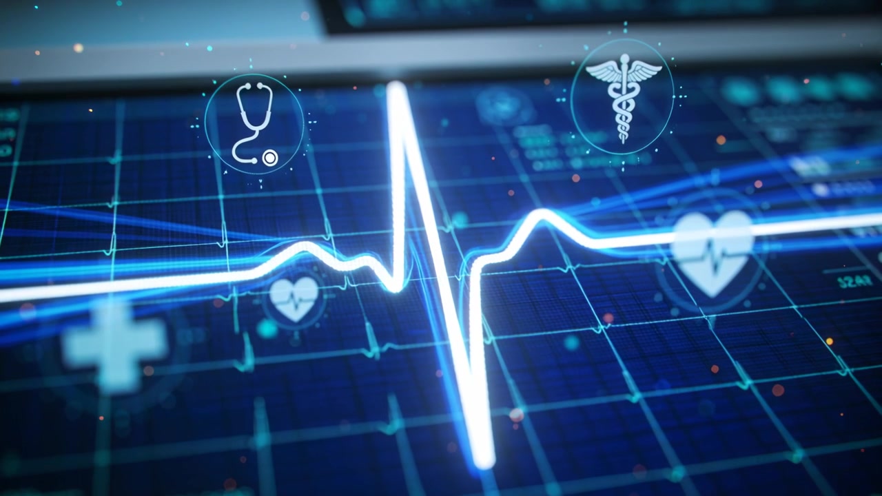 Forma d'onda ECG blu che risponde al battito cardiaco, creando un picco QRS netto sul monitor, con icone.