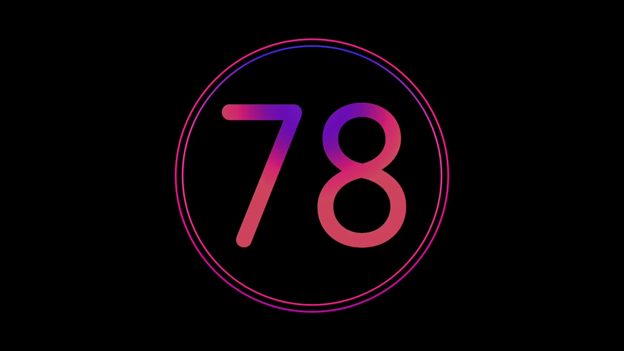 Animazione Numero Neon 78, Luminoso, Tremolante, Gradiente Blu Rosa, Loop Numerico LED Digitale Futuristico, Tech Astratta con Luce Circolare, Grafica in Movimento, Moderno, Minimale, su Sfondo Nero.
