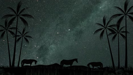 horses walking under a starry sky with palm trees.