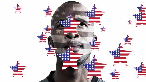 animation of american flag stars moving over thoughtful african american man, on white