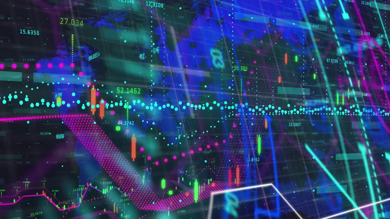 animación del procesamiento de datos financieros sobre el mapa del mundo contra un fondo azul