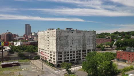 abandoned building in albany, new york with drone video pulling out